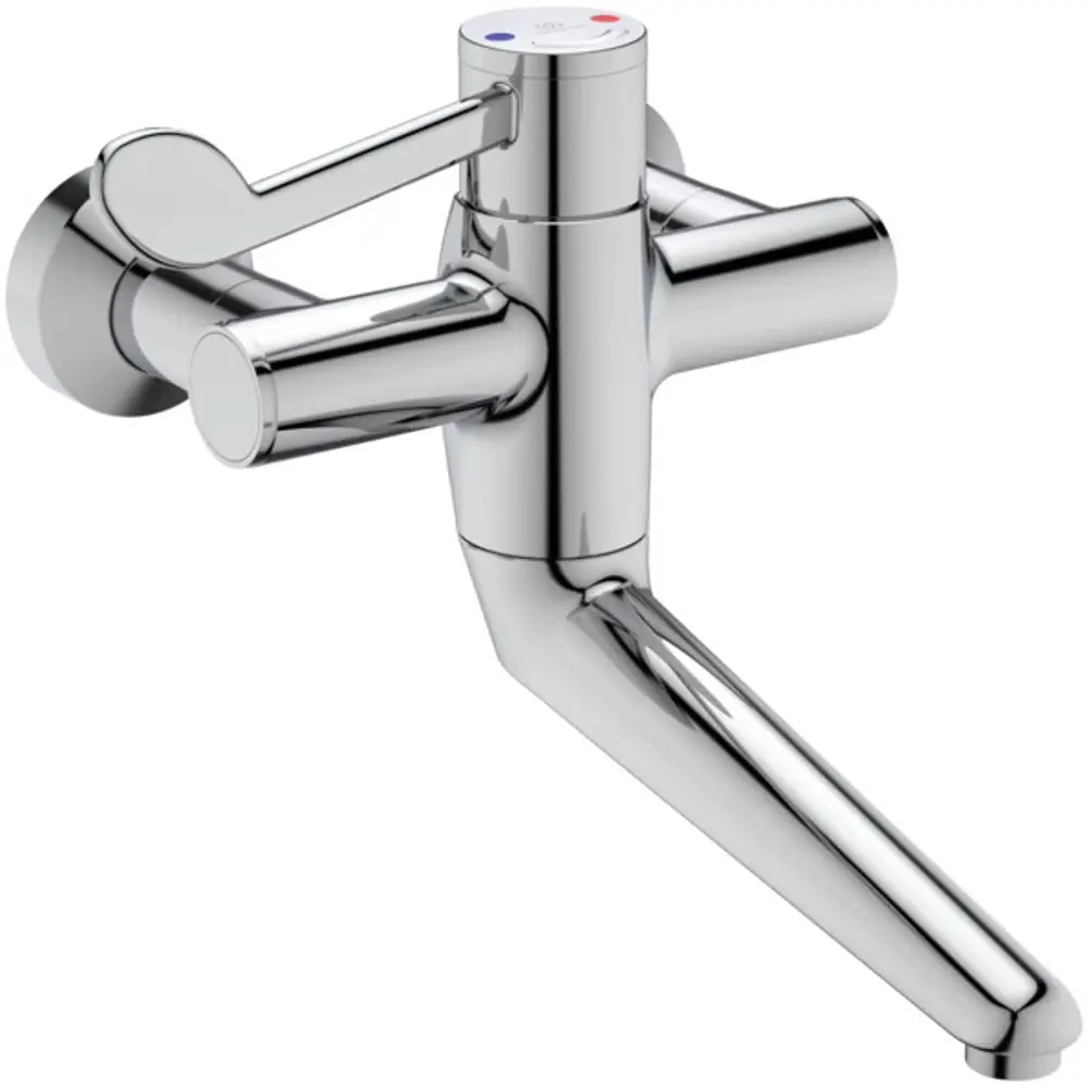 Wandthermostat mit abgerundetem Design und einem Hebel, gefertigt von Ideal Standard. Der Wasserhahn hat chromierte Oberflächen und zwei Anschlüsse.